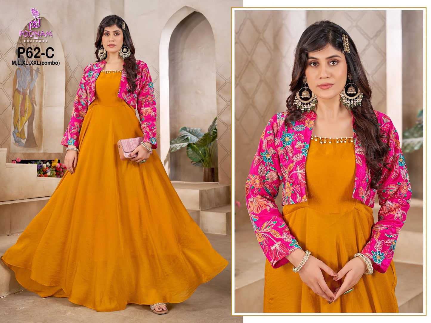P62 With Jacket Poonam Designer Natural Crepe One Piece Gown Wholesaler India