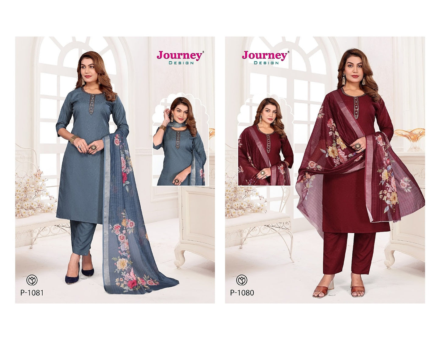 P 1080-1081 Journey Design Reyon Readymade Pant Style Suits Exporter Gujarat
