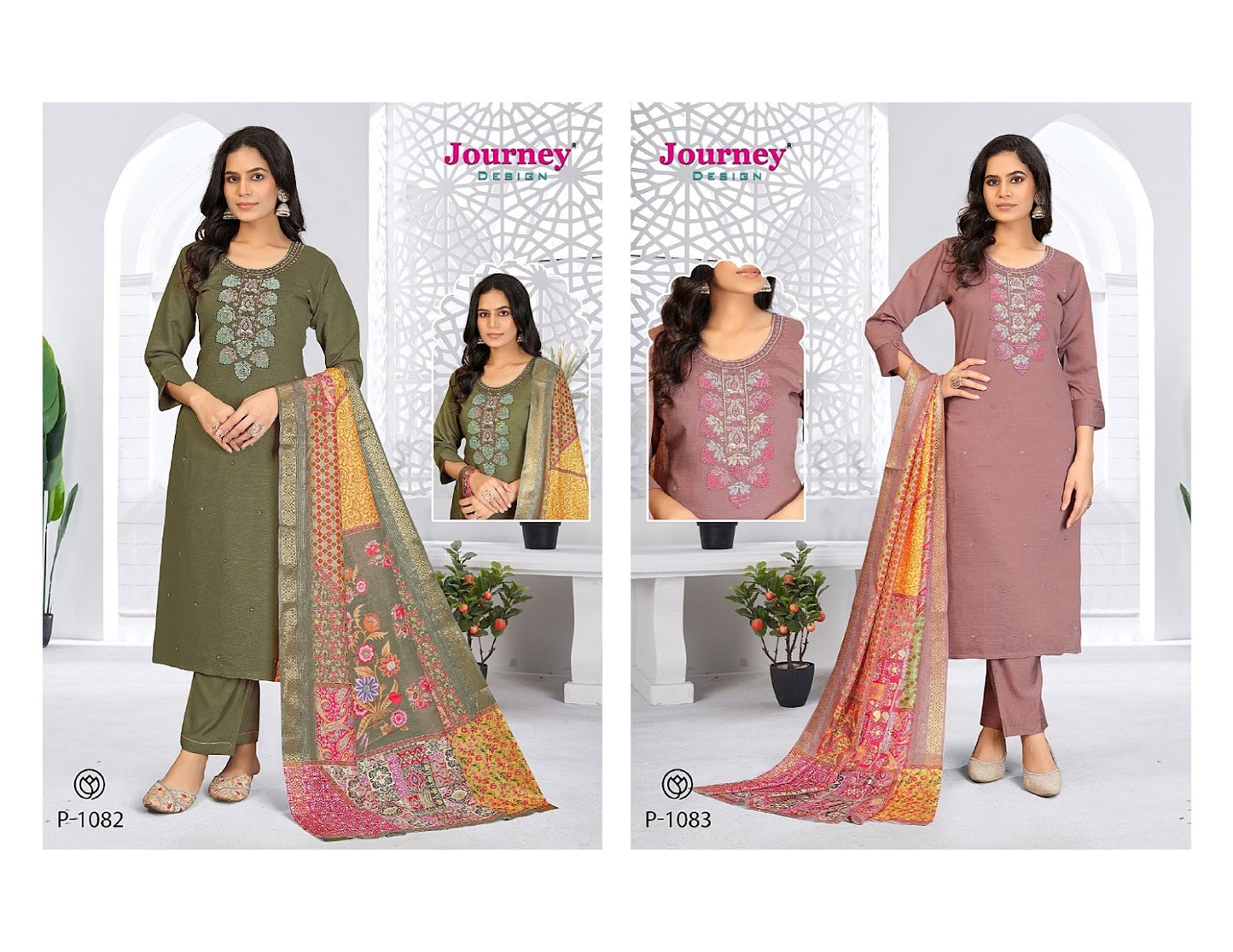 P 1082-1083 Journey Design Silk Readymade Pant Style Suits Manufacturer
