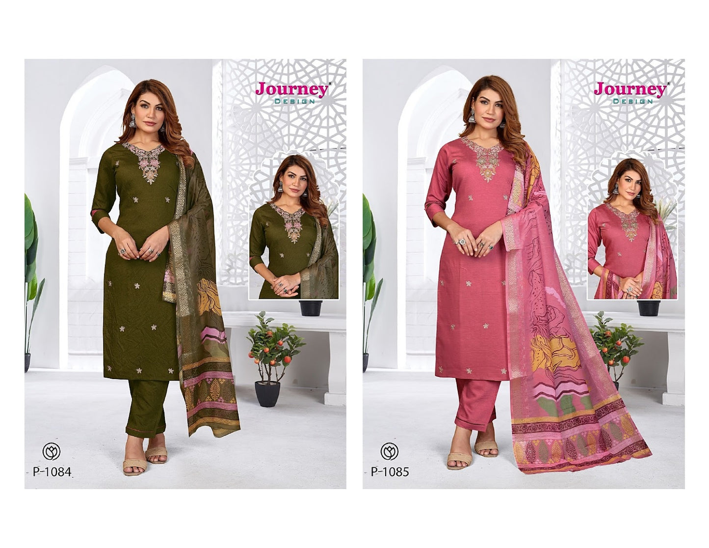 P 1084-1085 Journey Design Silk Readymade Pant Style Suits Supplier Ahmedabad