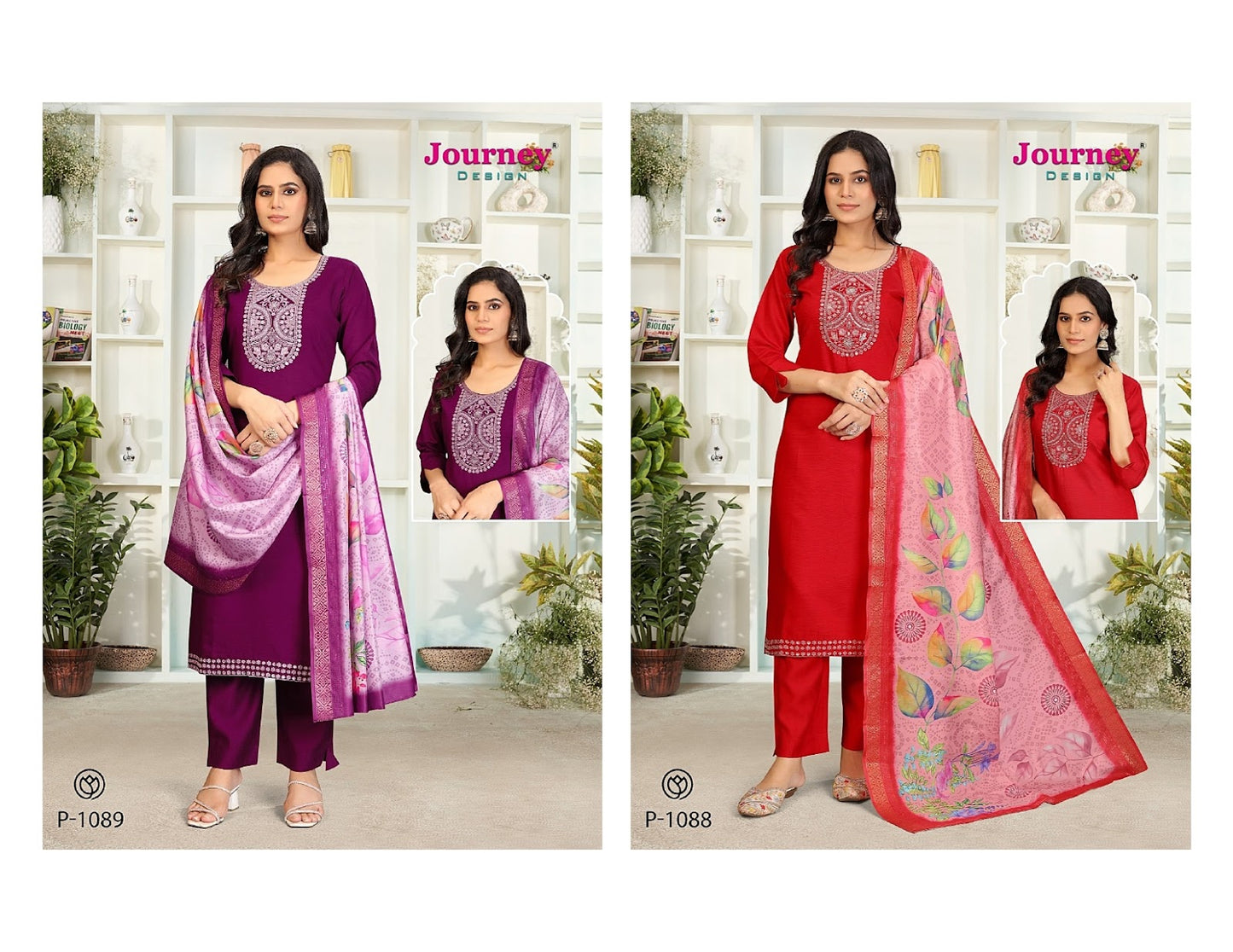 P 1088-1089 Journey Design Silk Readymade Pant Style Suits Manufacturer India