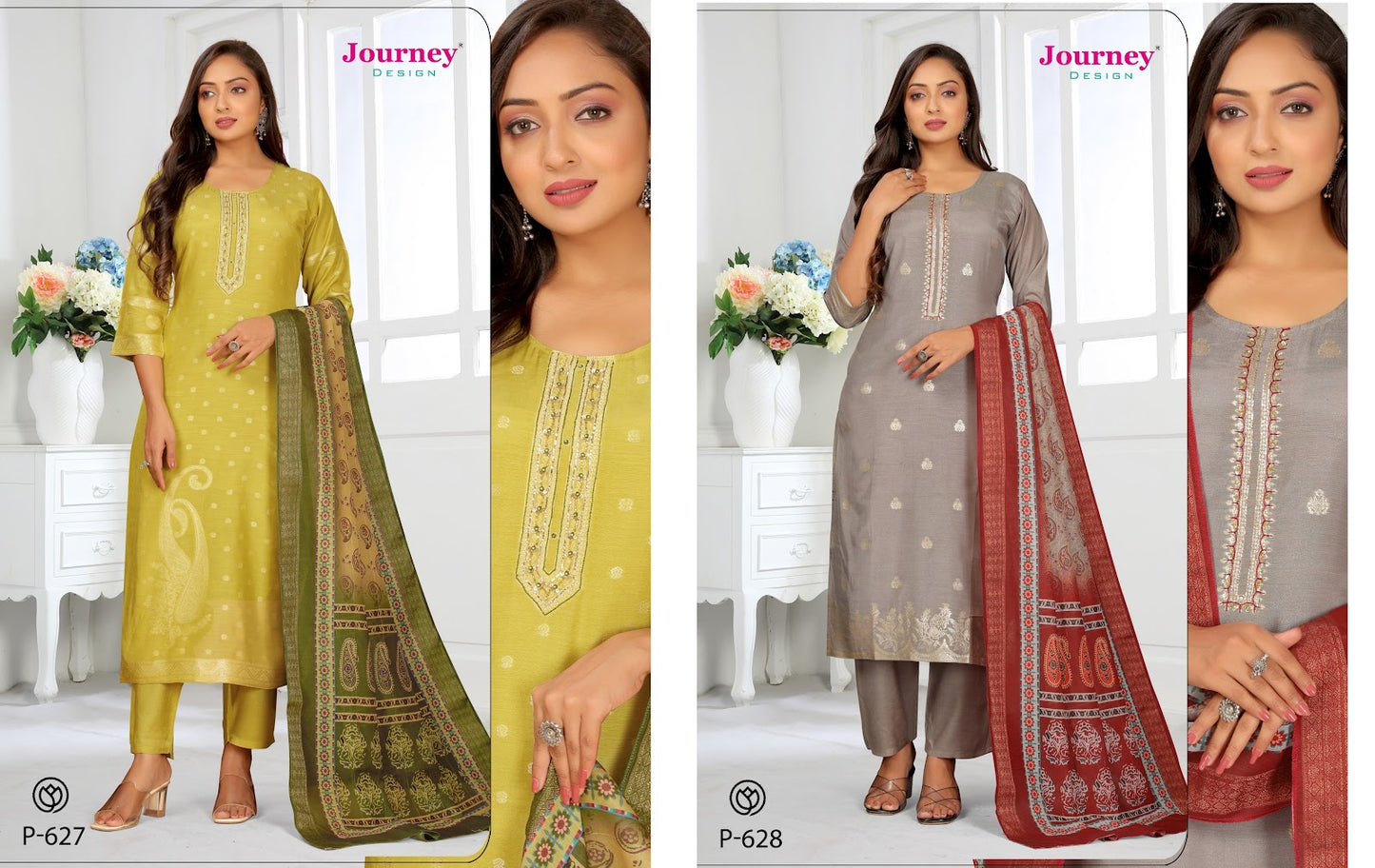 P 627-628 Journey Design Jacquard Readymade Pant Style Suits Exporter Ahmedabad