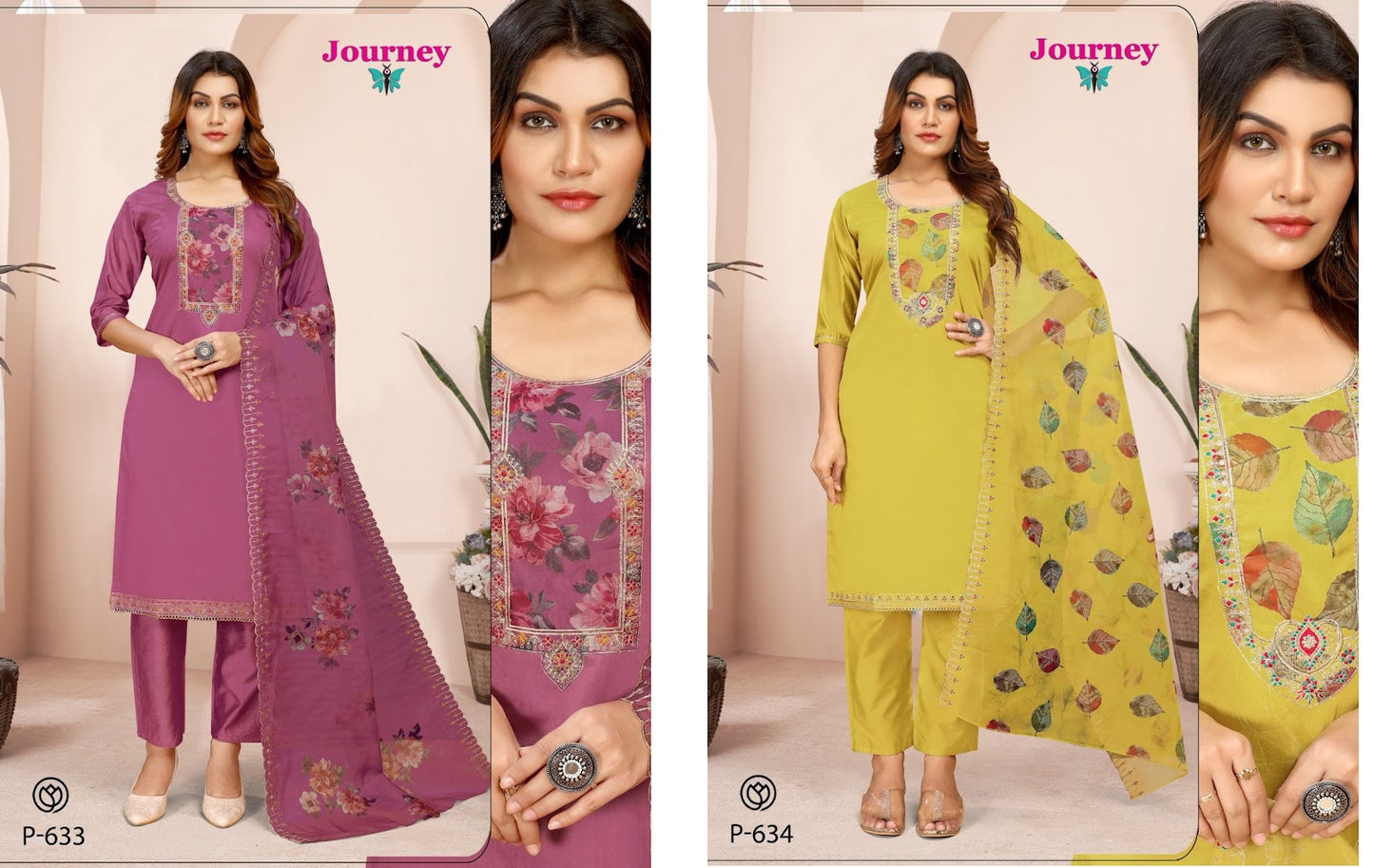P 633-634 Journey Design Chanderi Viscose Readymade Pant Style Suits Wholesale Price