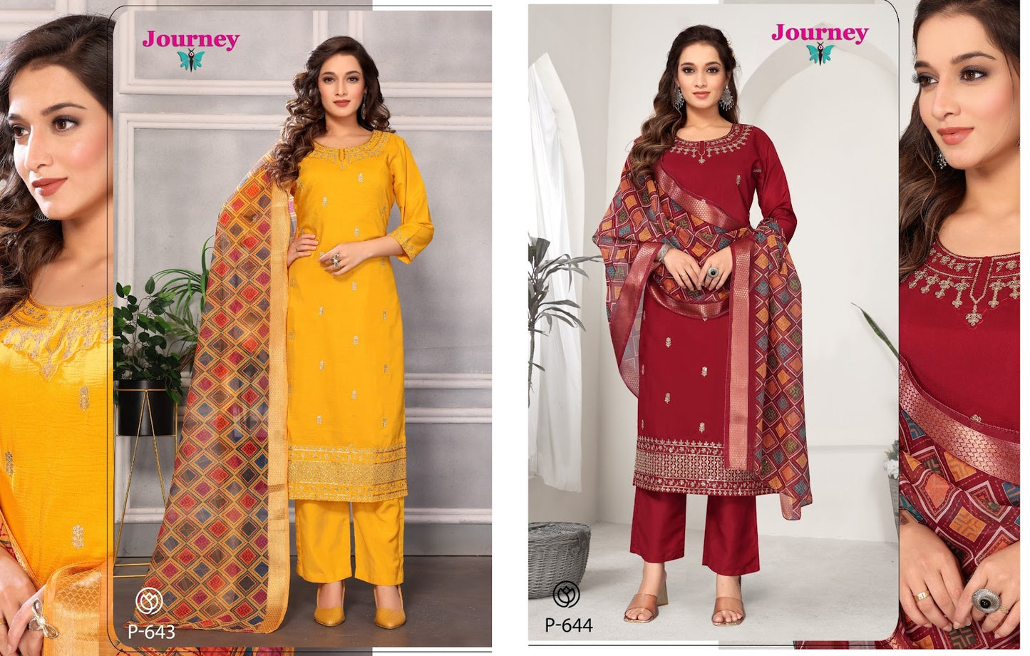 P 643-644 Journey Design Muslin Readymade Pant Style Suits Wholesale Rate