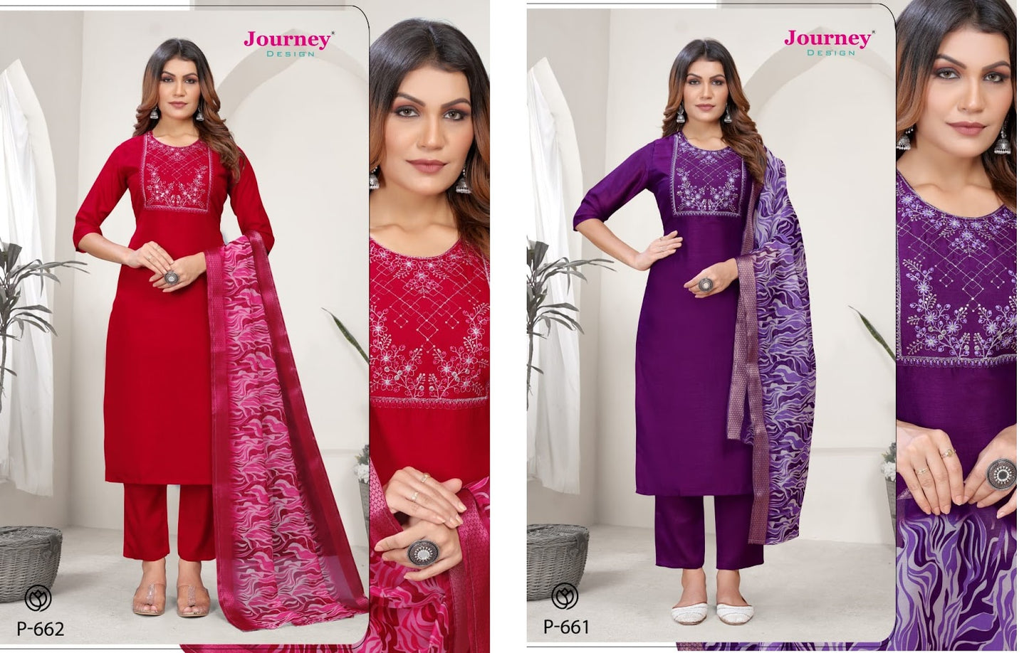P 661-662 Journey Design Vichitra Readymade Pant Style Suits Wholesaler