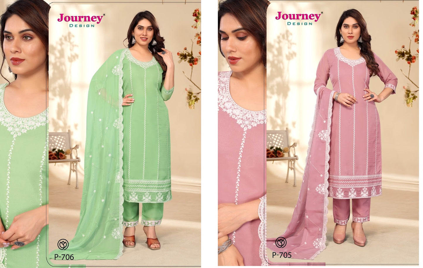 P 705-706 Journey Design Tissue Readymade Pant Style Suits Wholesaler Ahmedabad
