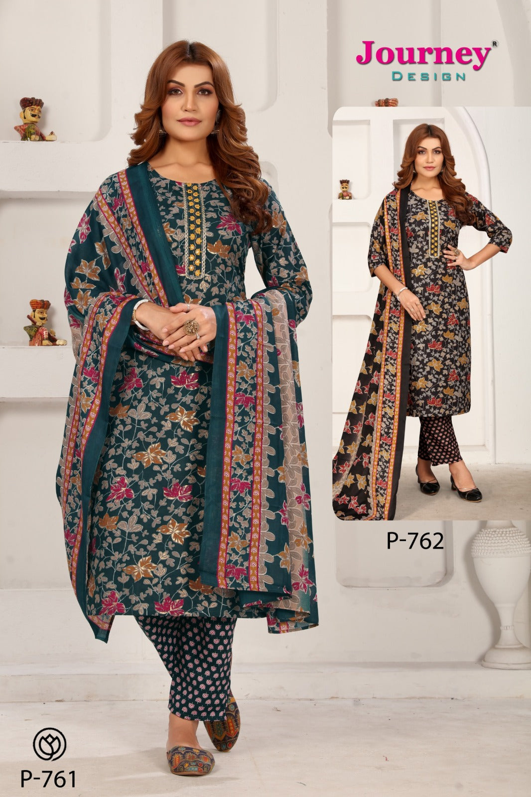 P 761-762 Journey Design Cotton Readymade Pant Style Suits Exporter Ahmedabad