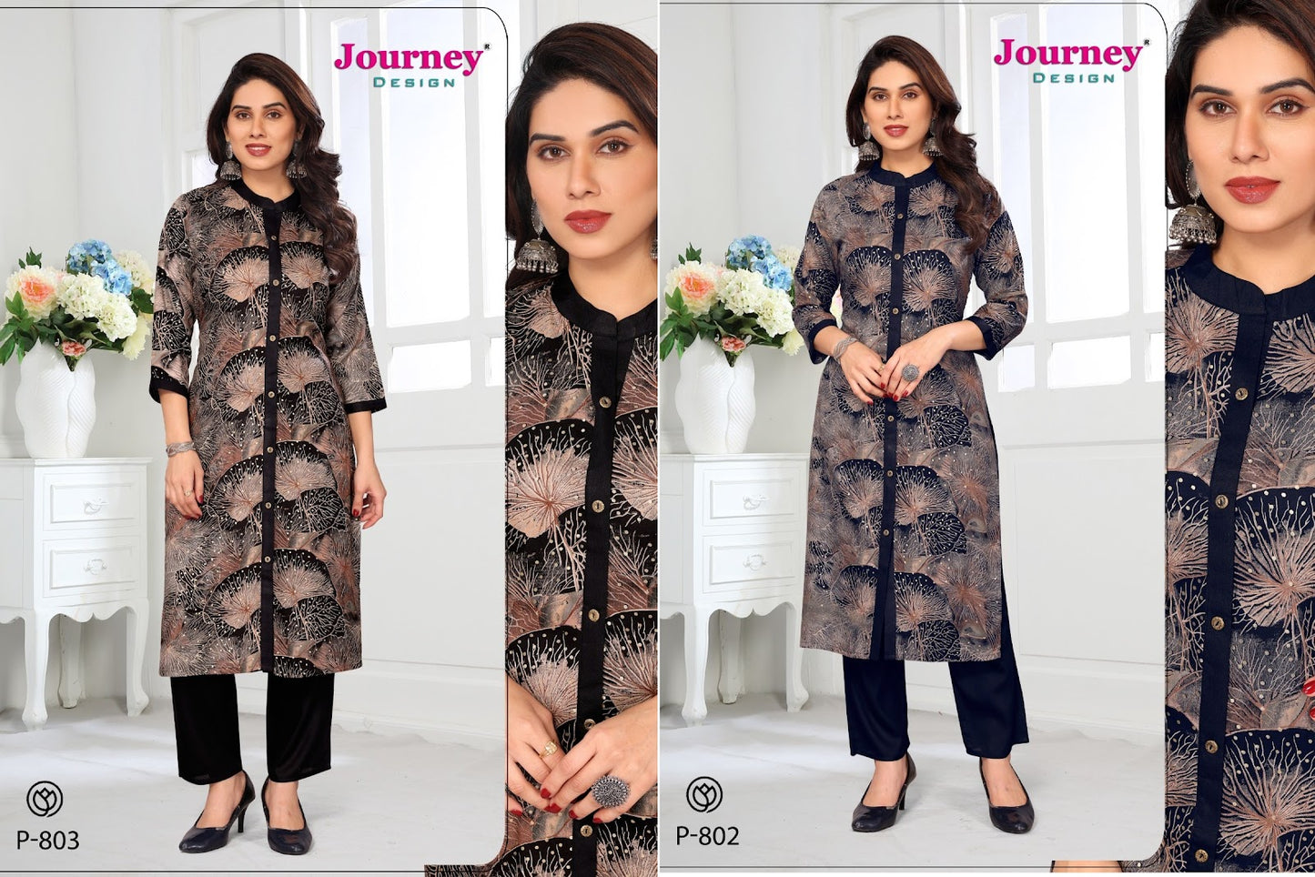 P 802-803 Journey Design Rayon Foil Kurti Pant Set Wholesale Price