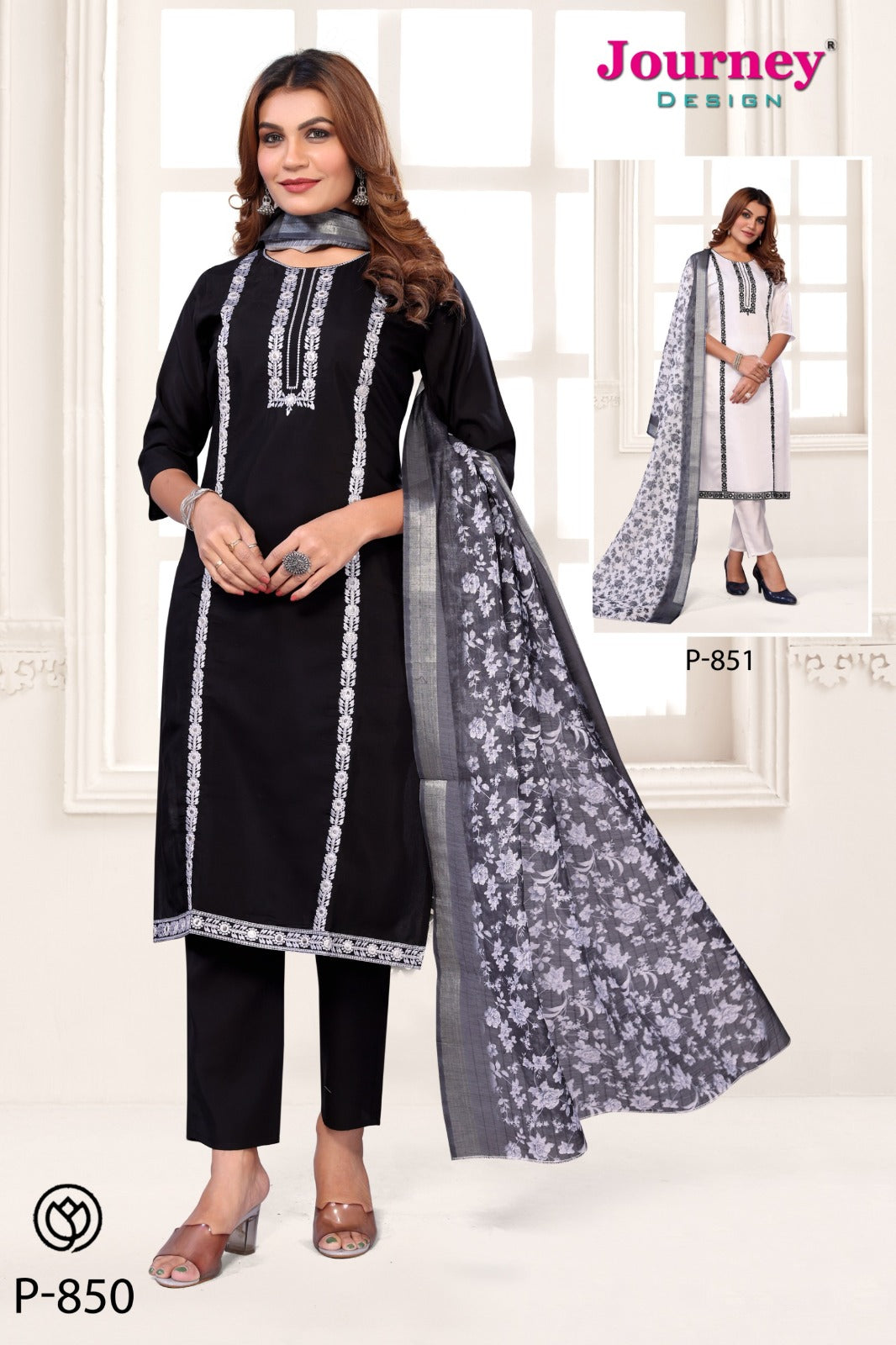 P 850-851 Black And White Journey Design Modal Chanderi Readymade Pant Style Suits Supplier Ahmedabad
