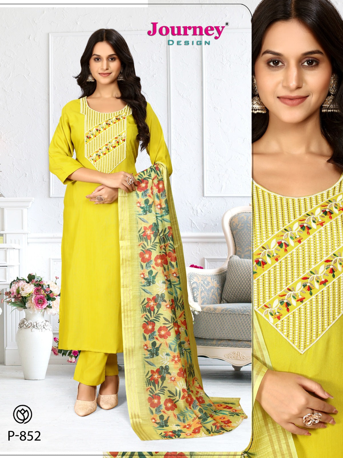P 852-855 Journey Design Cotton Slub Readymade Pant Style Suits Exporter Ahmedabad