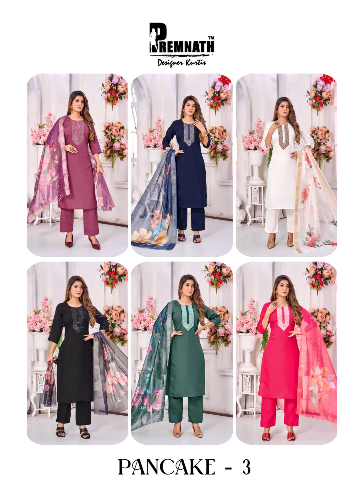 Pancake 3 Premnath Roman Silk Readymade Pant Style Suits Wholesale Price