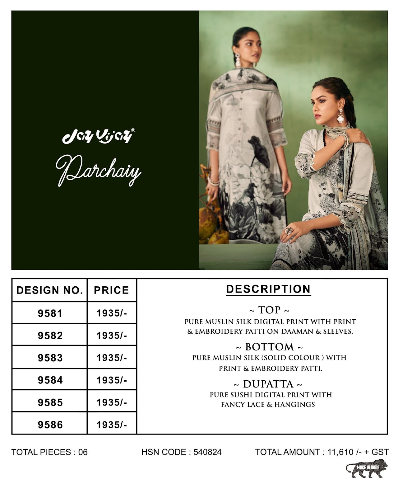 Parichaiy Jay Vijay Pure Muslin Pant Style Suits Wholesale Rate