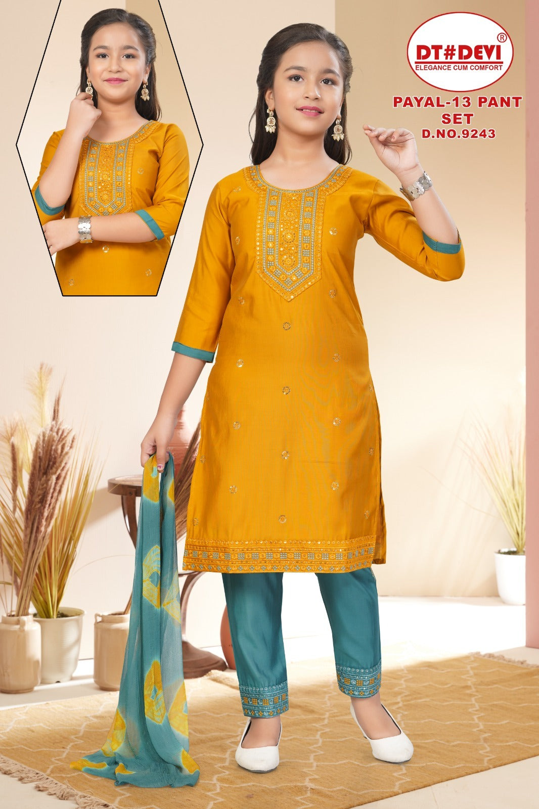Payal 13 Dn 9243 Dt Devi Roman Silk Girls Readymade Pant Suits Wholesale Price