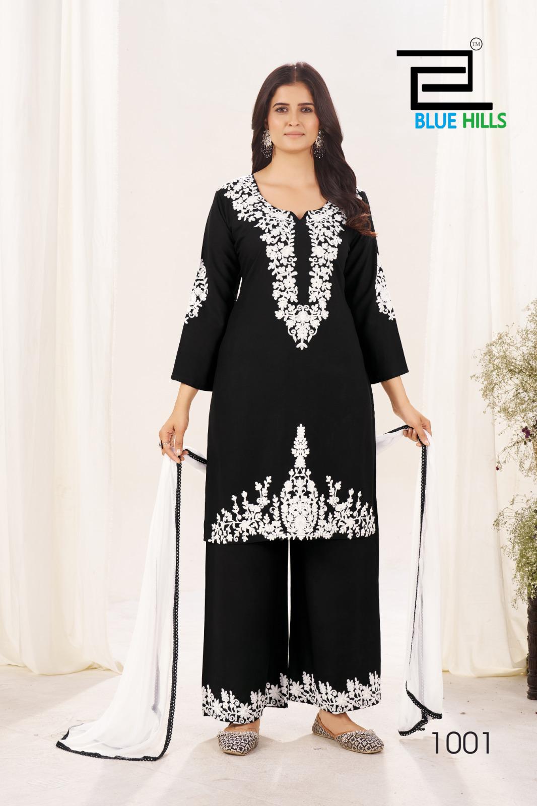 Pearl Black-White Blue Hills Rayon 14Kg Readymade Plazzo Style Suits Manufacturer