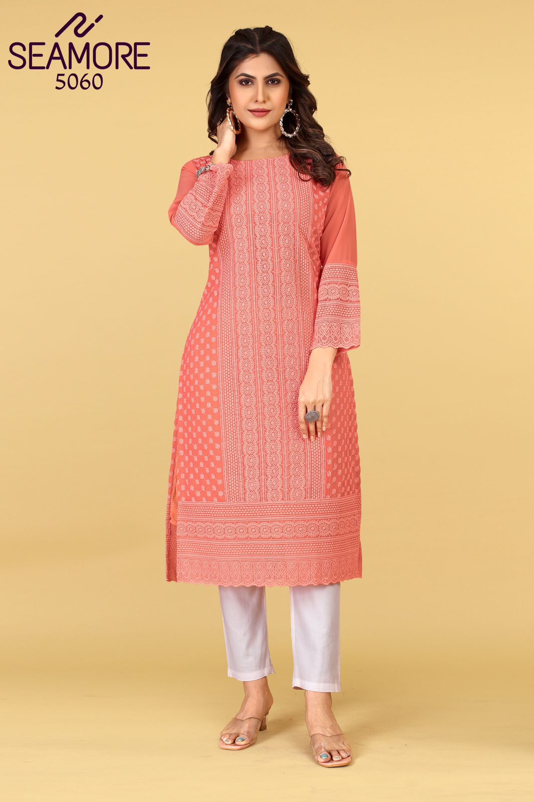 Pink Palak Vol 3 Seamore Georgette Straight Cut Kurtis Supplier Ahmedabad