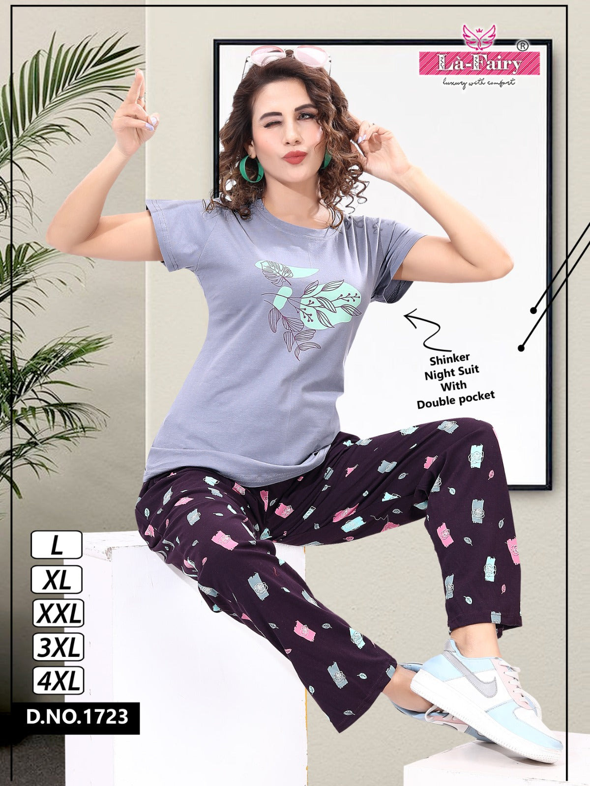Plain-Print Design 1723 La Fairy Hosiery Sinker Pyjama Night Suits Wholesaler Ahmedabad