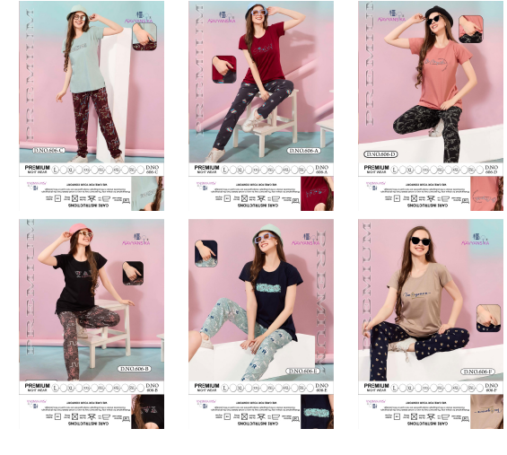 Plain-Print Design 606 Kavyansika Hosiery Cotton Pyjama Night Suits Exporter Ahmedabad