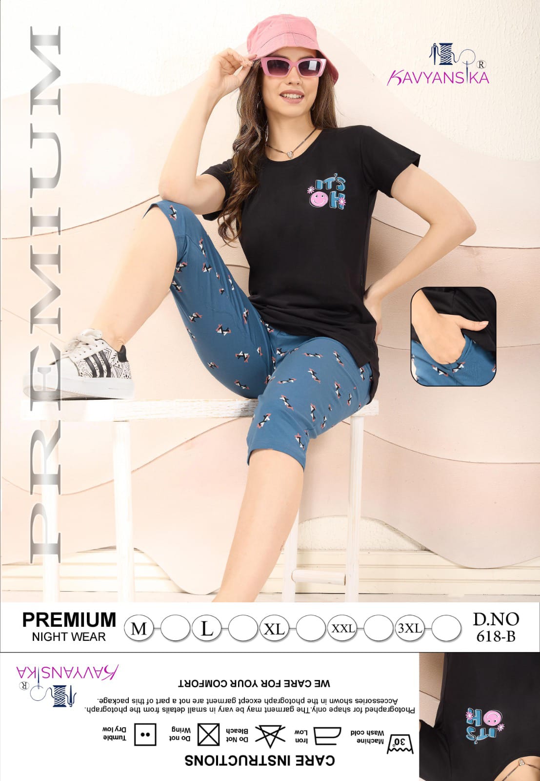 Plain-Print Design 618 Kavyansika Hosiery Cotton Capri Night Suits Exporter Ahmedabad