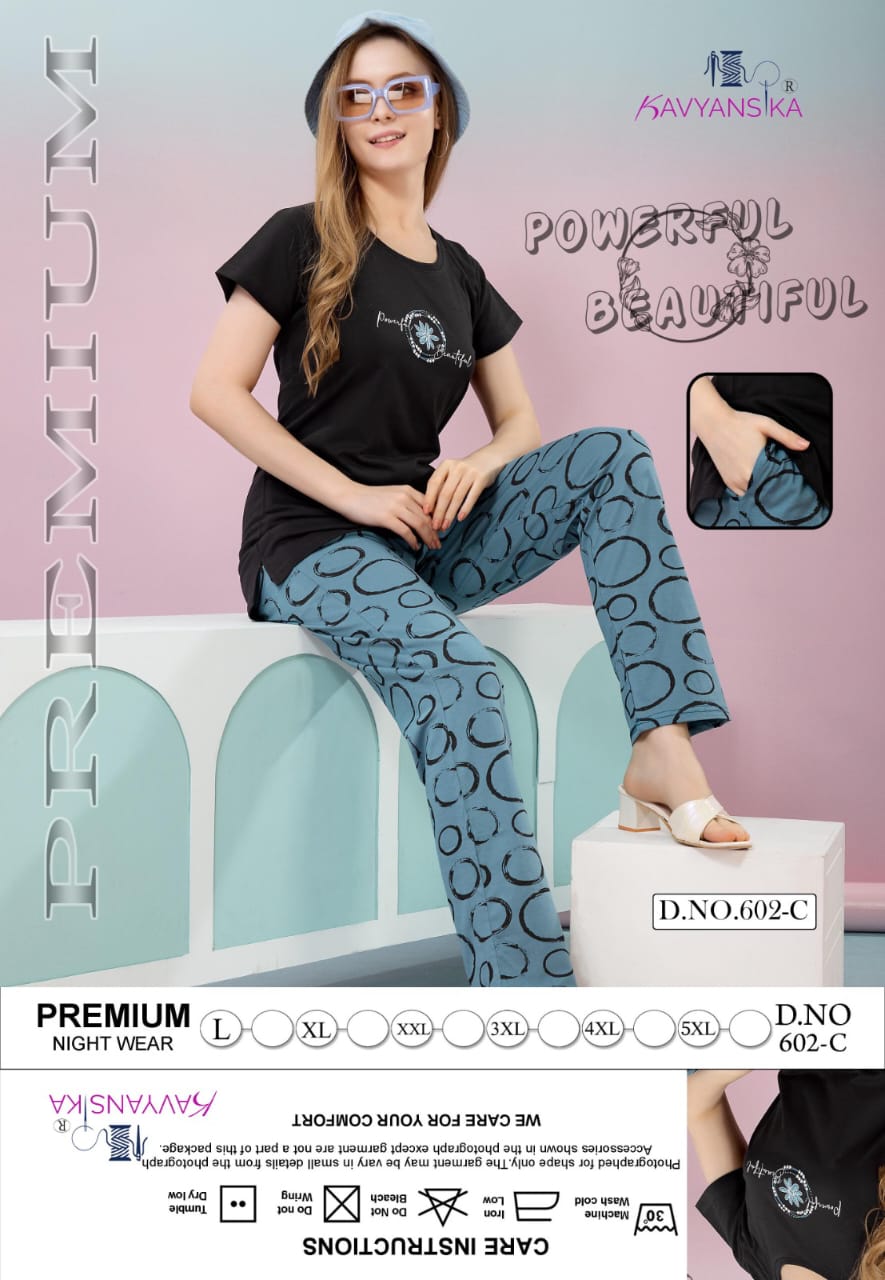 Plain-Print Design No 602 Kavyansika Hosiery Cotton Kurta Night Suits Exporter