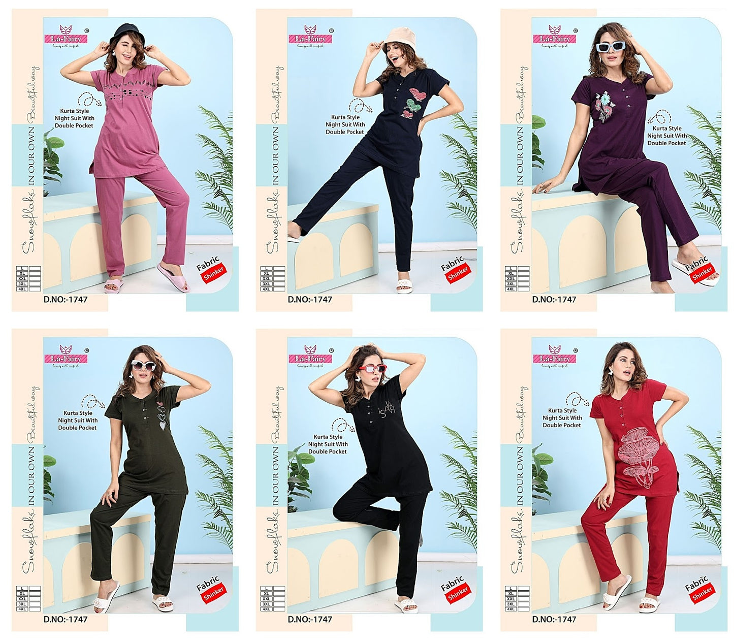 Plain Design 1747 La Fairy Hosiery Sinker Kurta Night Suits Manufacturer