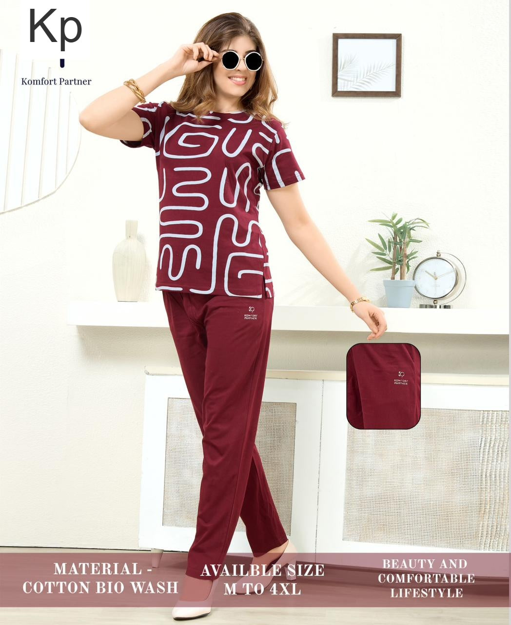 Plain Print 1301 Kp Cotton Biowashed Pyjama Night Suits Wholesale Rate