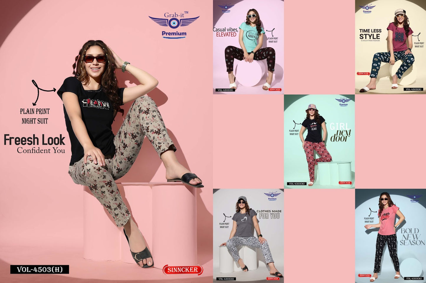 Plain Print Vol 4503 H Grab It Sinker Pyjama Night Suits Manufacturer India
