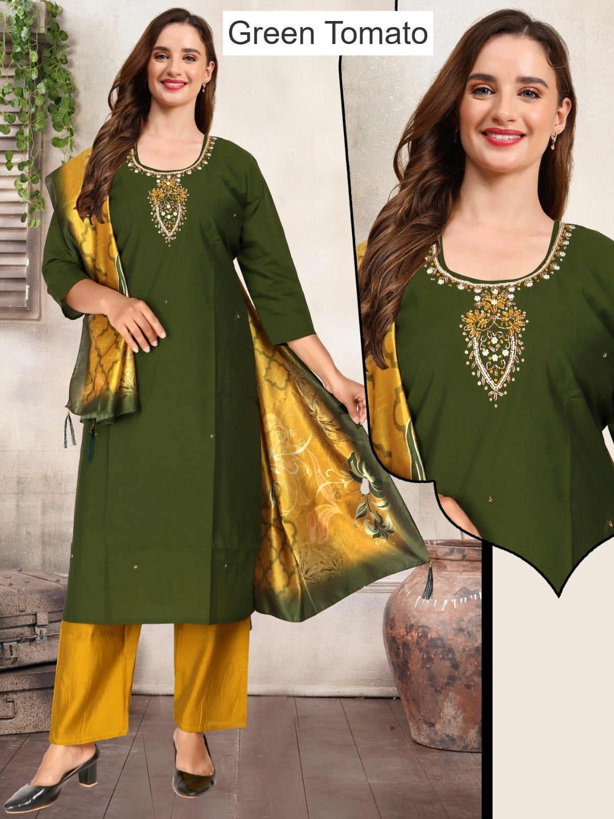 Plus Size 060925 Green Tomato Roman Silk Readymade Pant Style Suits Wholesale