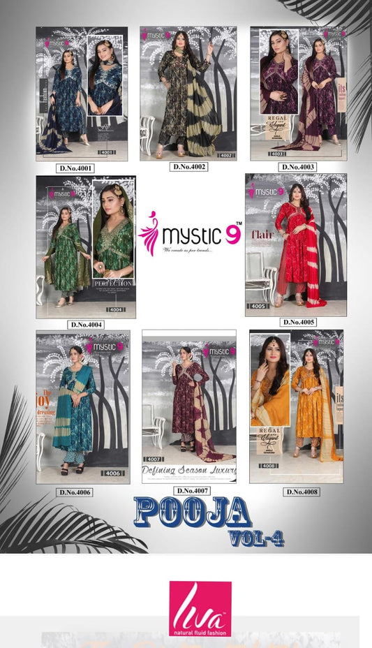 Pooja Vol 4 Mystic 9 Heavy Foil Readymade Pant Style Suits Wholesale Price