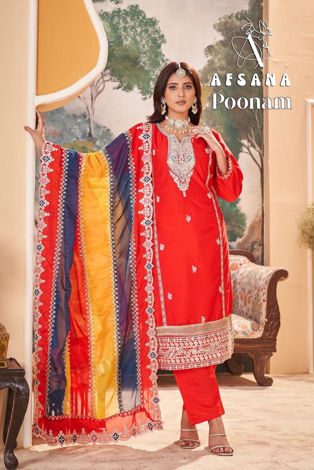 Poonam Afsana Viscose Organza Readymade Pant Style Suits Exporter
