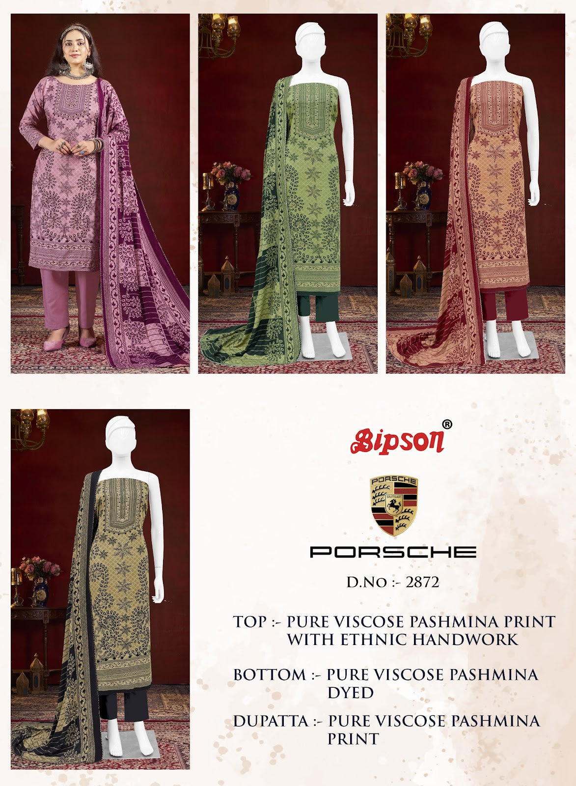 Porsche 2872 Bipson Prints Viscose Pashmina Suits Supplier
