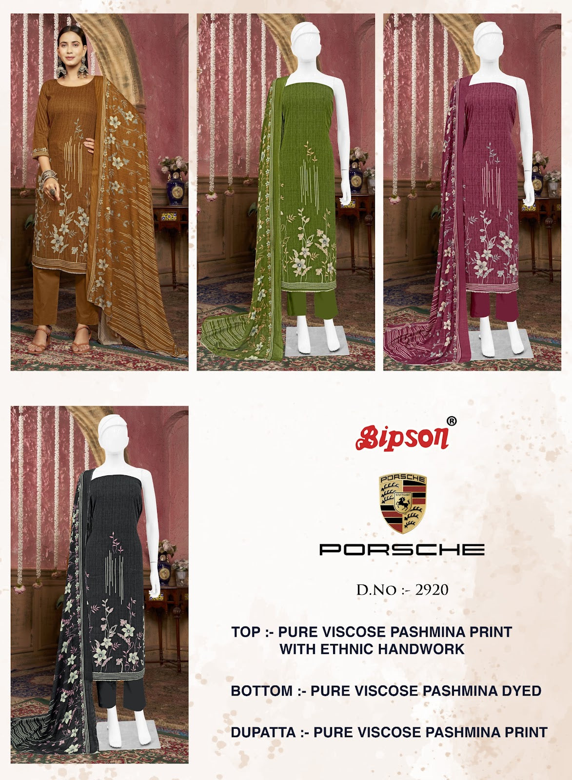 Porsche 2920 Bipson Prints Viscose Pashmina Suits Wholesaler India