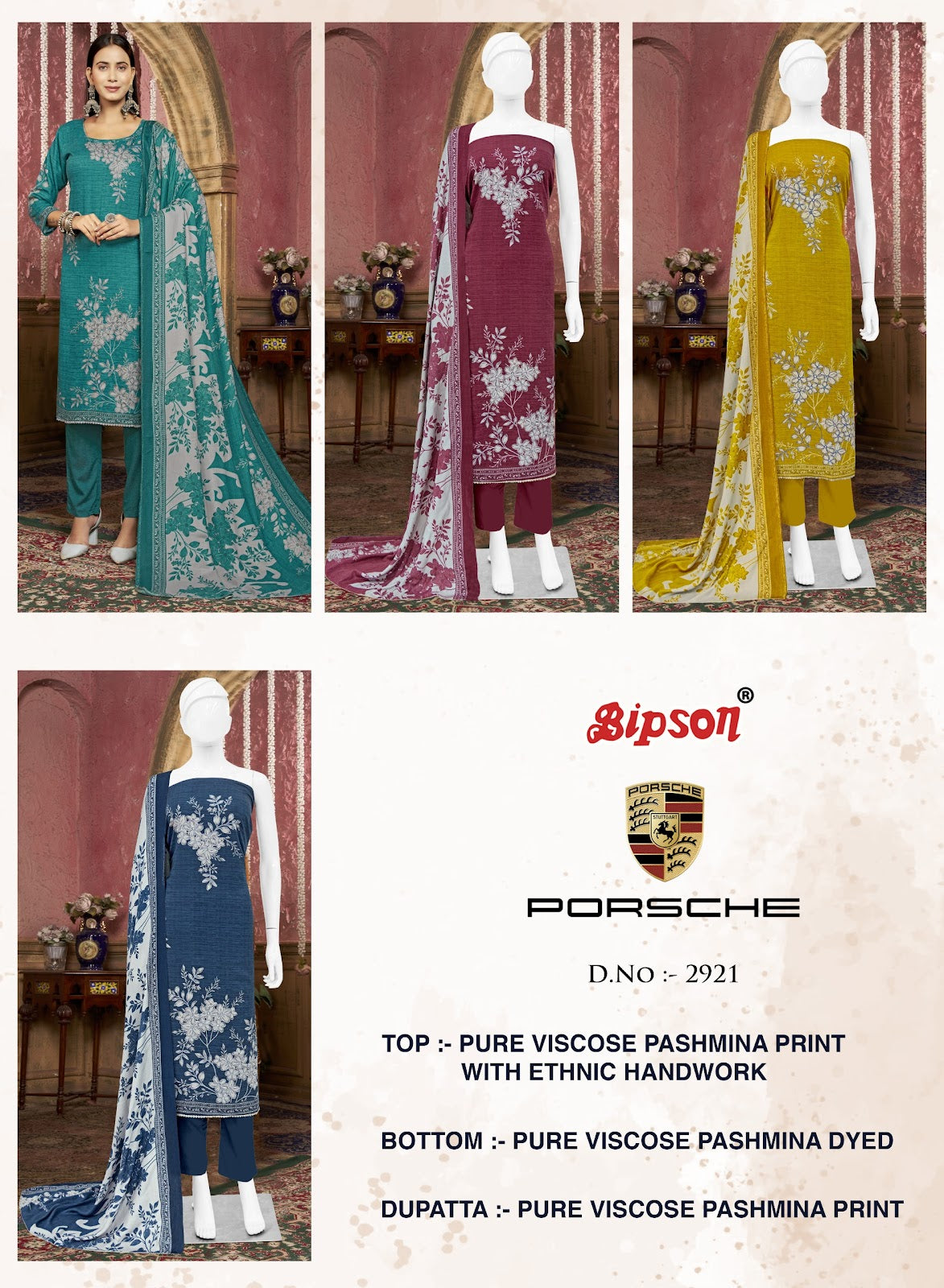 Porsche 2921 Bipson Prints Viscose Pashmina Suits Exporter India