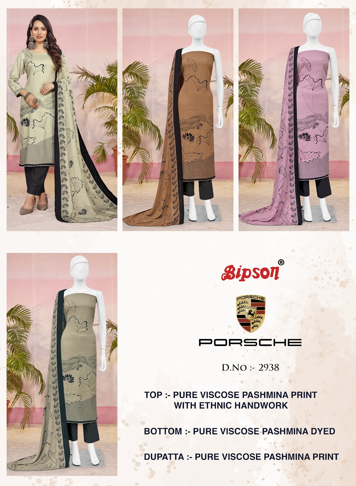 Porsche 2938 Bipson Prints Pure Viscose Pashmina Suits Exporter Gujarat