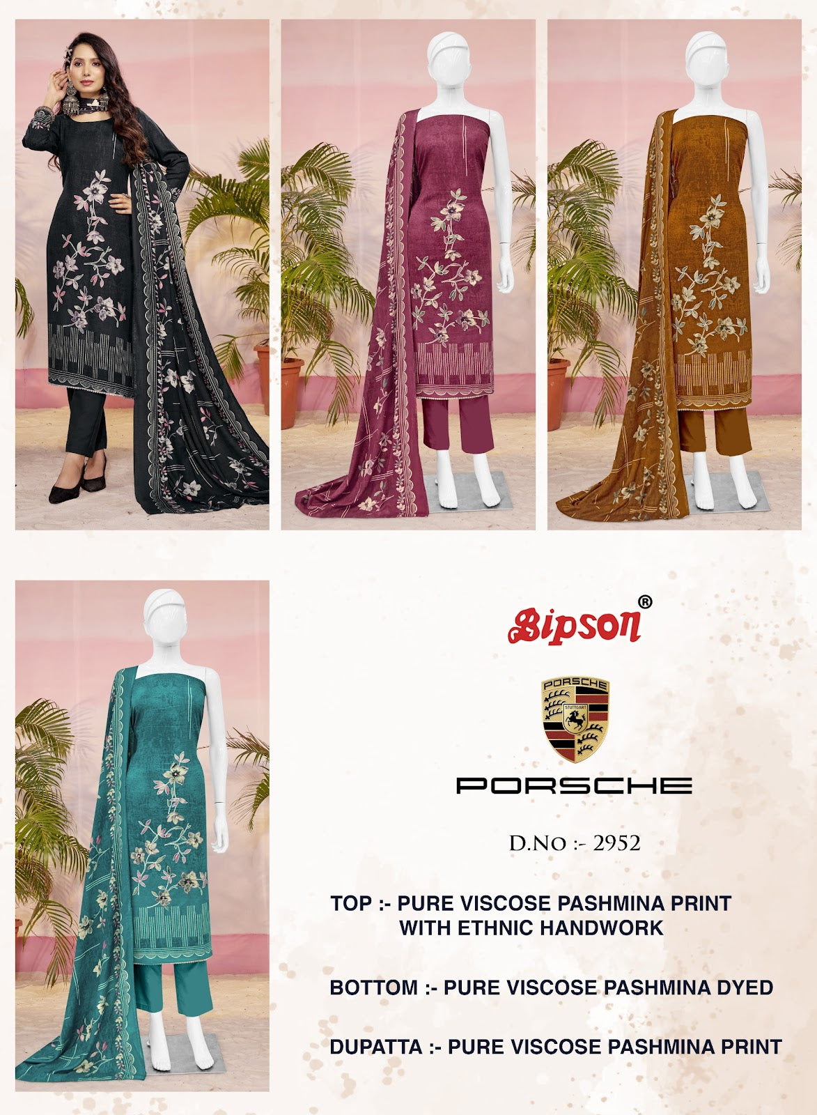 Porsche 2952 Bipson Prints Viscose Pashmina Suits Supplier India