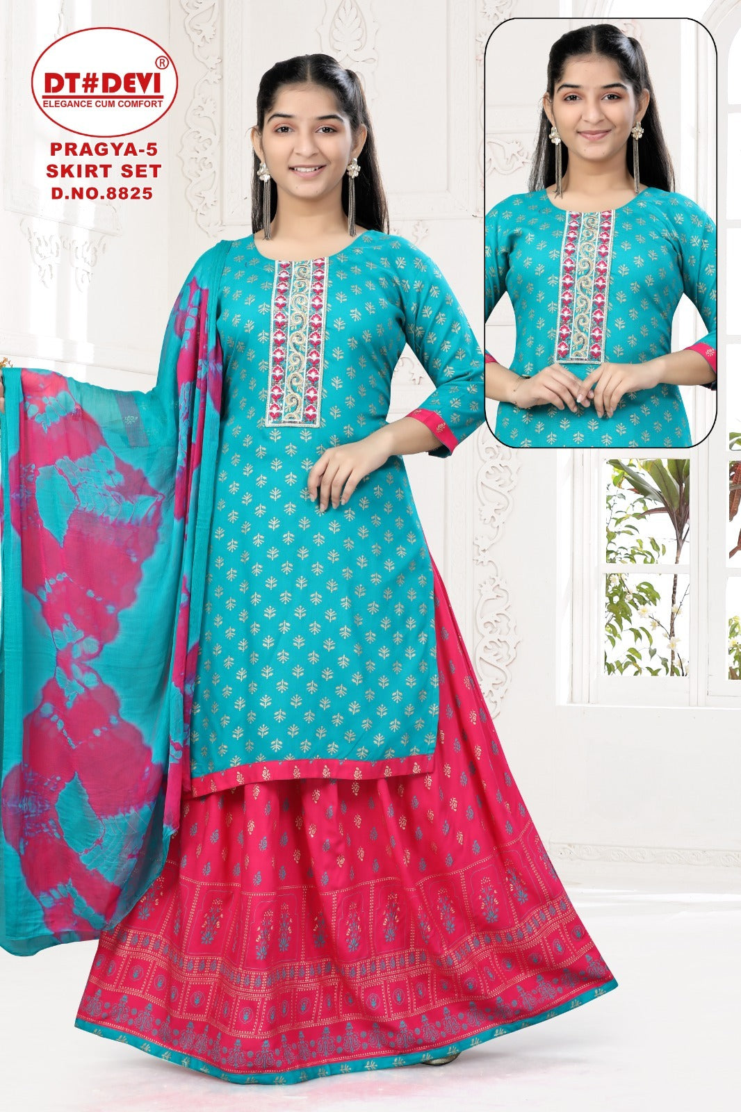 Pragya Vol 5 8825 Dt Devi Rayon Girls Readymade Skirt Style Suits Wholesale Price