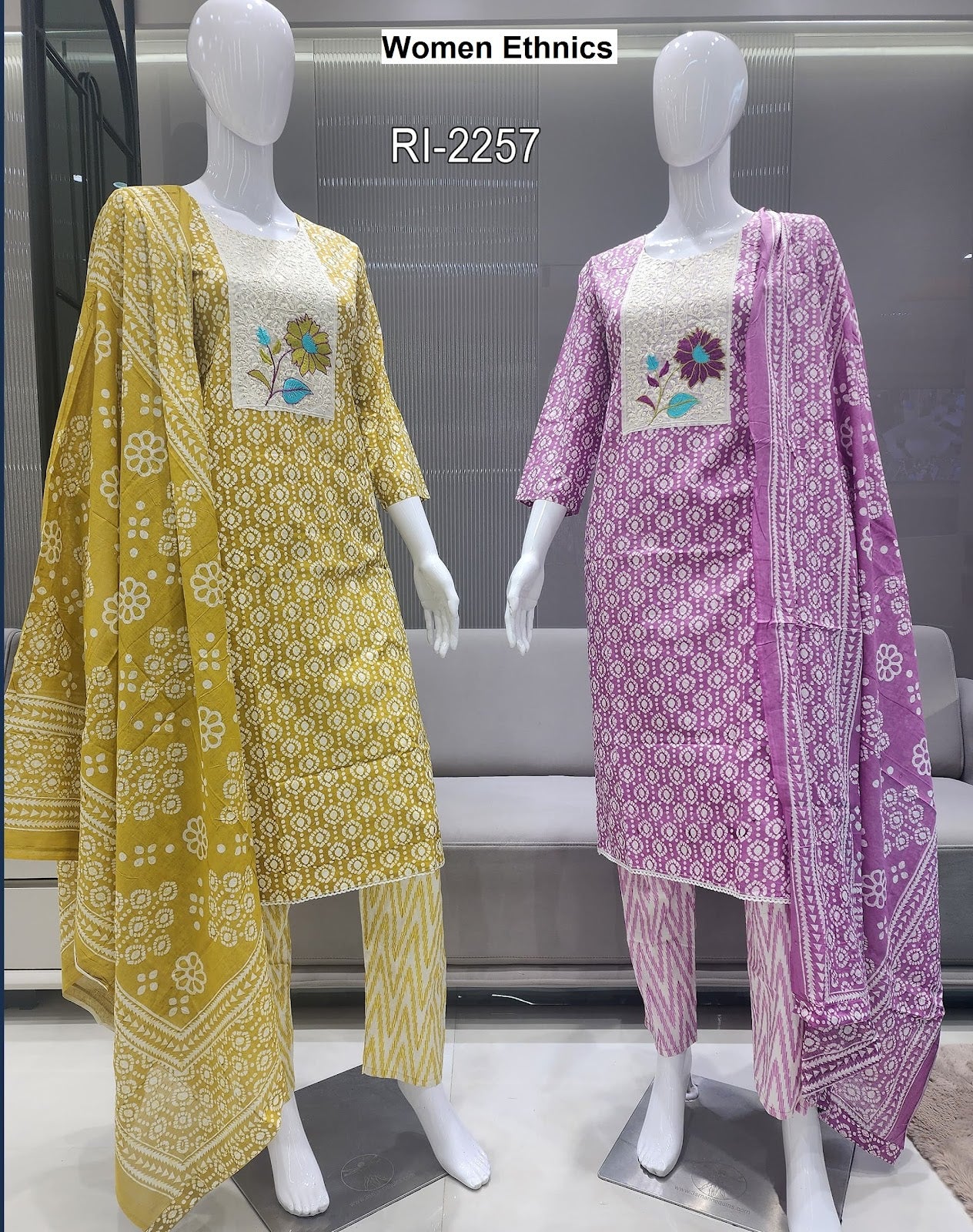 Print To Print Women Ethnics Cotton Readymade Pant Style Suits Wholesaler