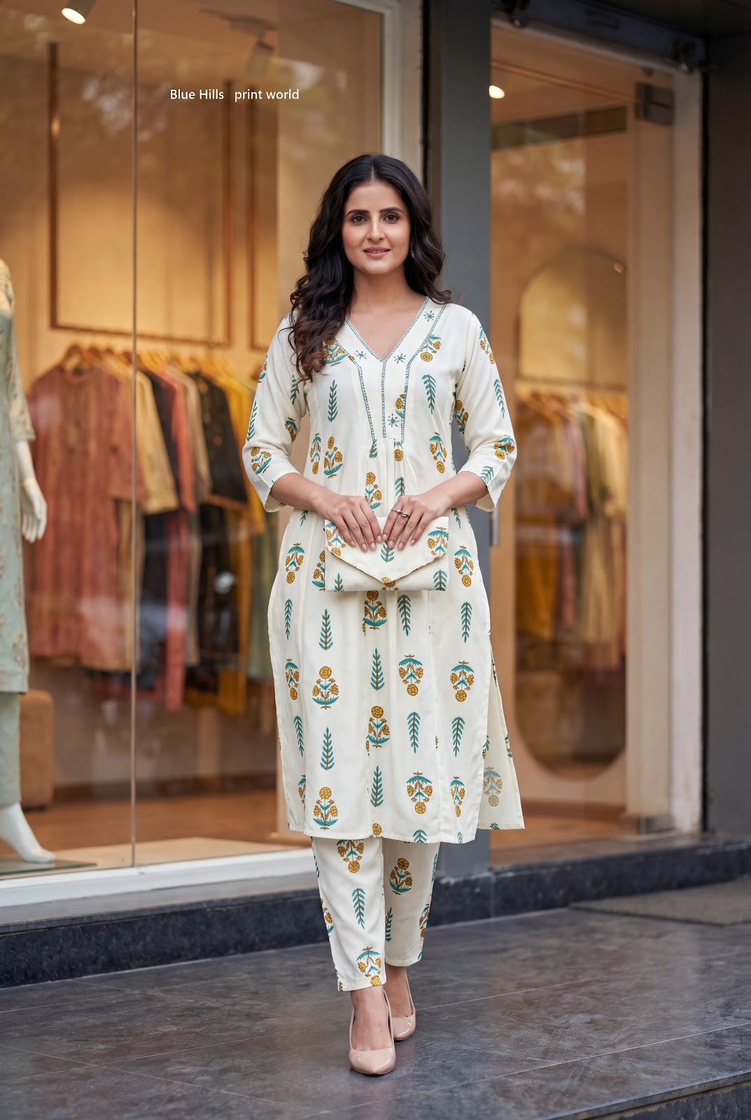 Print World Blue Hills Rayon Kurti Pant Set Supplier Gujarat