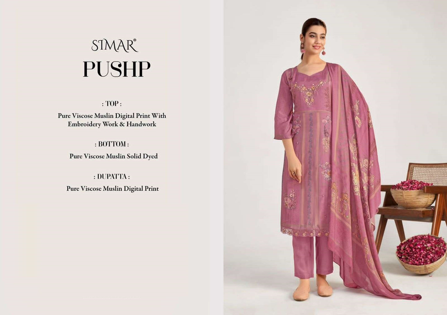 Pushp Simar Viscose Muslin Pant Style Suits Wholesale