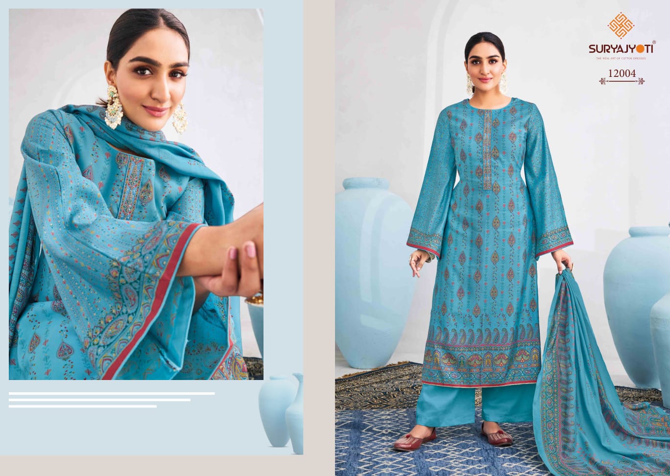 पुष्पा वॉल्यूम 12 सूर्यज्योति मॉडल पैंट स्टाइल सूट निर्यातक अहमदाबाद