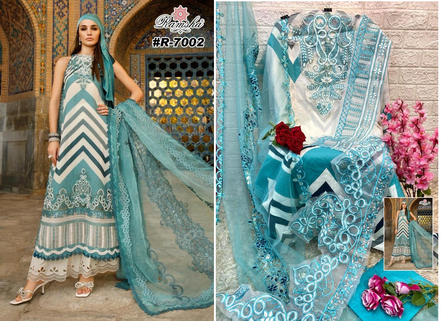R 7002-7003 Ramsha Cambric Cotton Pakistani Patch Work Suits