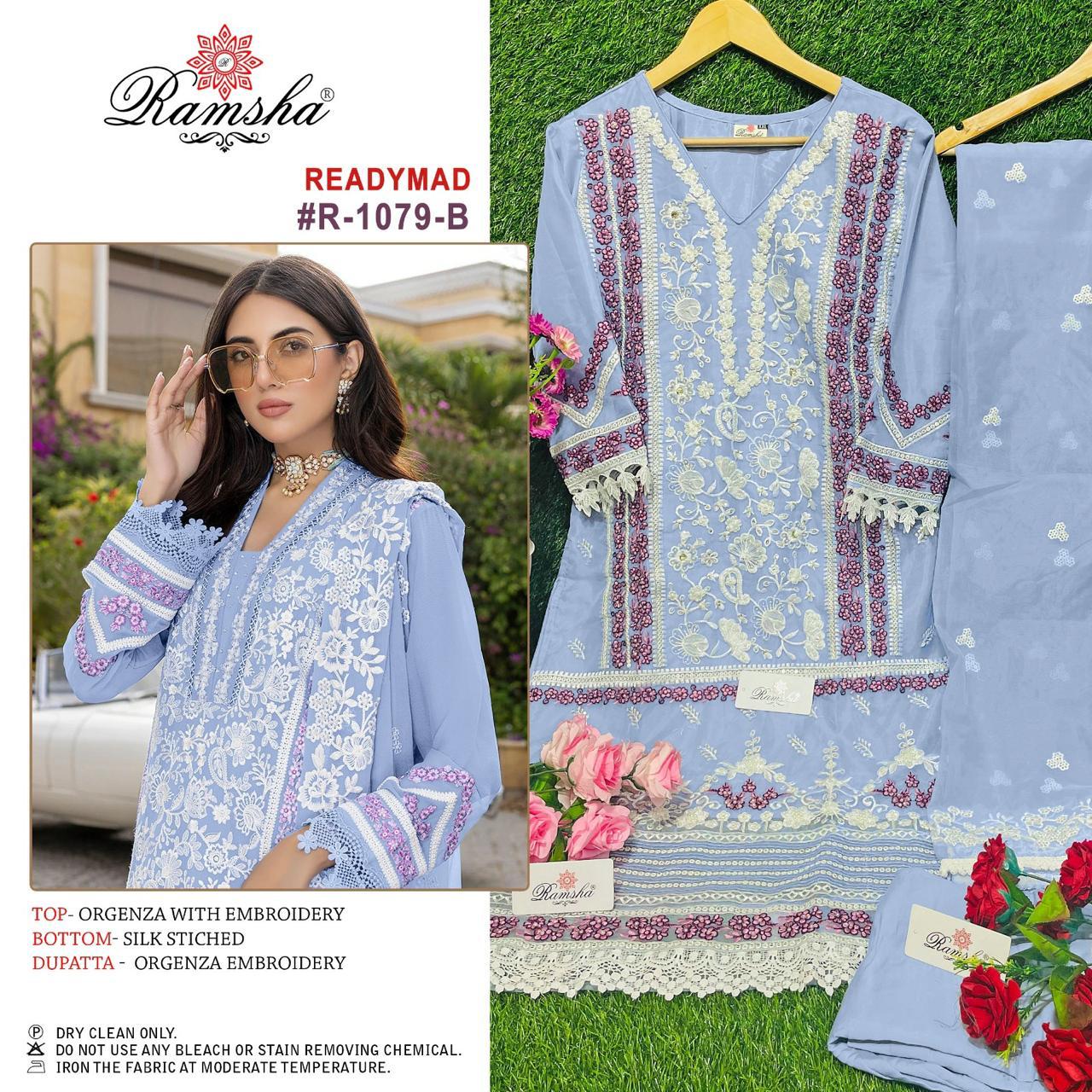 R 1079 Ramsha Organza Pakistani Readymade Suits Supplier India