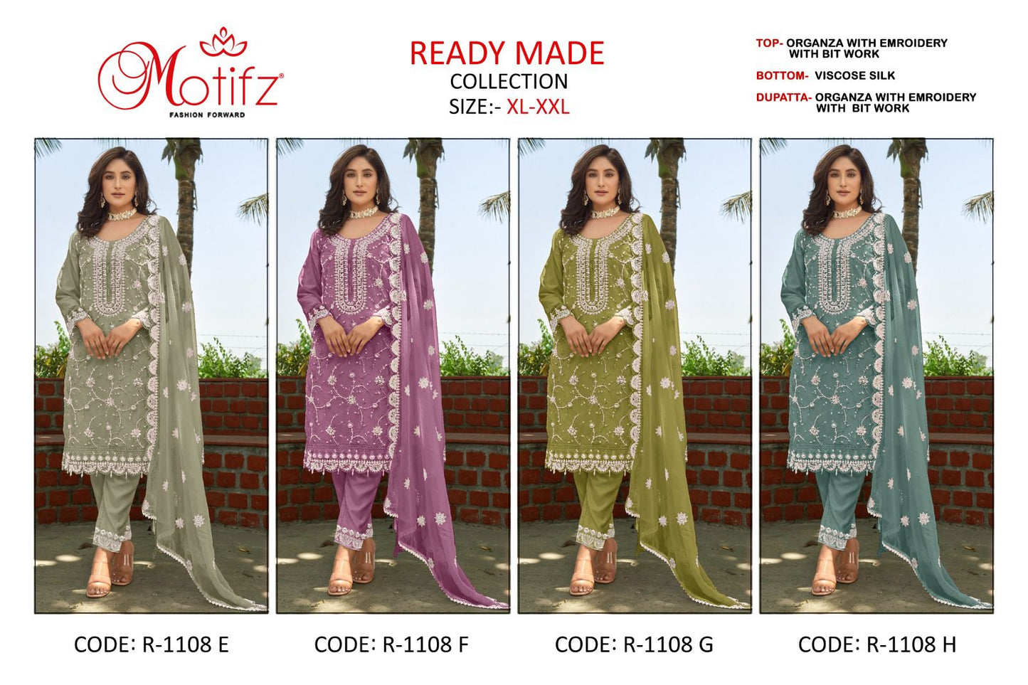 R 1108 Motifz Organza Pakistani Readymade Suits Supplier India