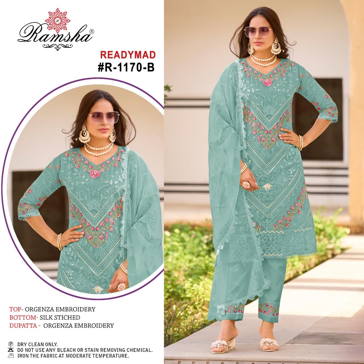 R 1170 Ramsha Organza Pakistani Readymade Suits Wholesale Rate