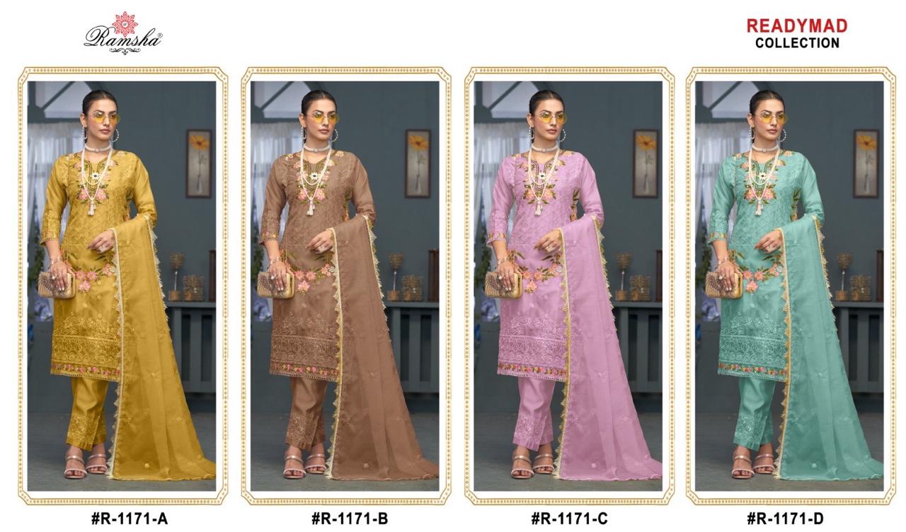R 1171 Ramsha Organza Pakistani Readymade Suits Manufacturer Gujarat