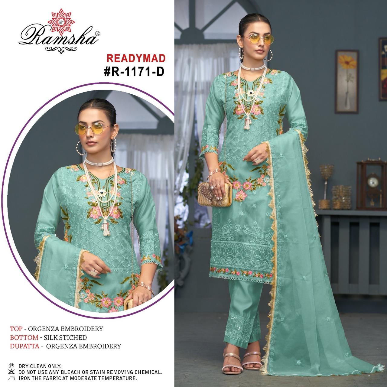 R 1171 Ramsha Organza Pakistani Readymade Suits Manufacturer Gujarat