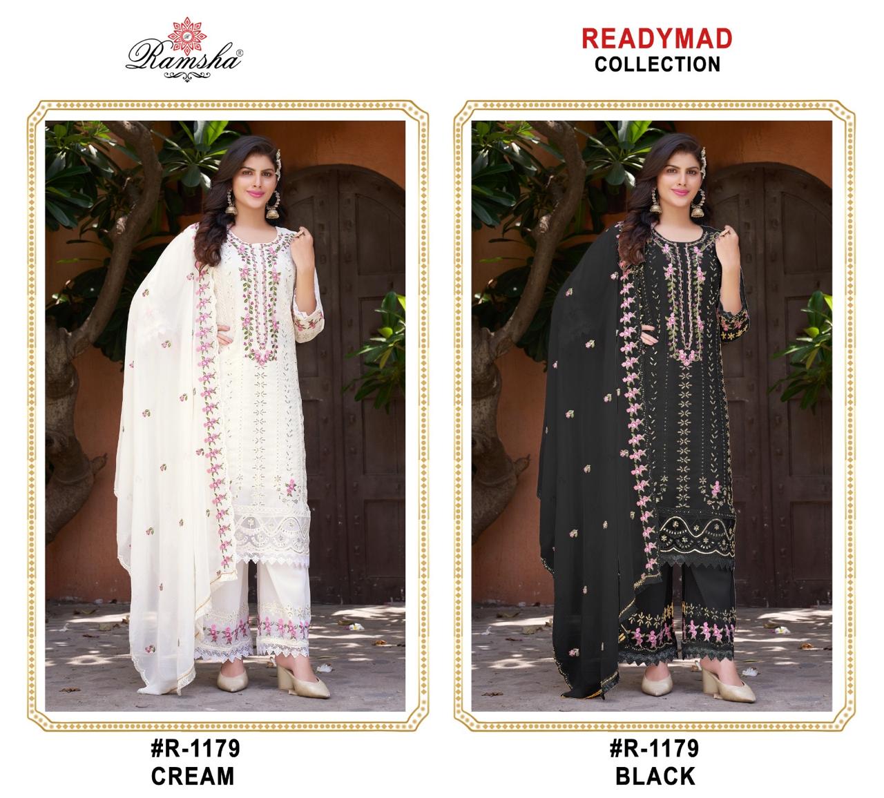 R 1179 Cream-Black Ramsha Georgette Pakistani Readymade Suits Manufacturer Ahmedabad