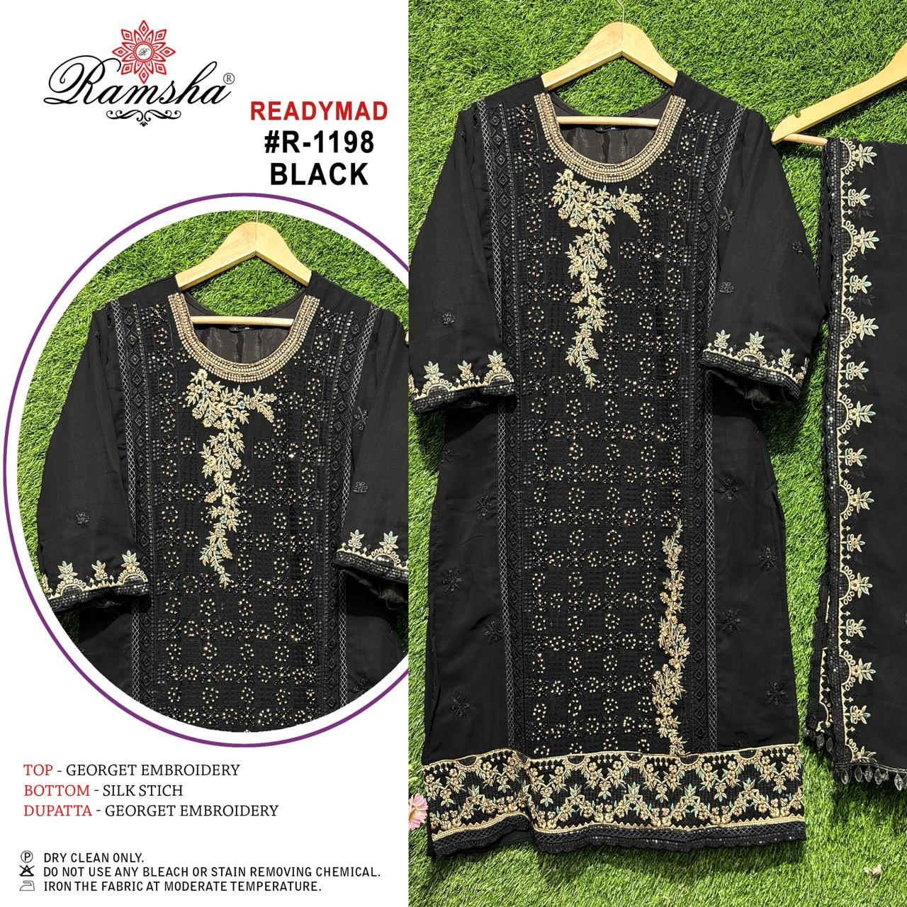 R 1198 Cream-Black Ramsha Georgette Pakistani Readymade Suits Wholesale Price