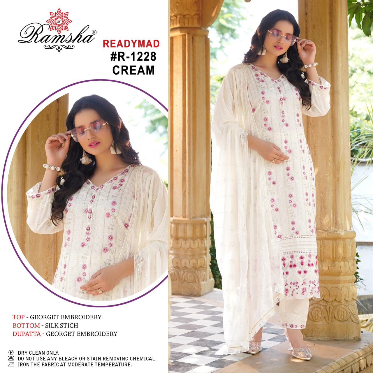 R 1228 Cream-Black Ramsha Georgette Pakistani Readymade Suits Wholesale Price