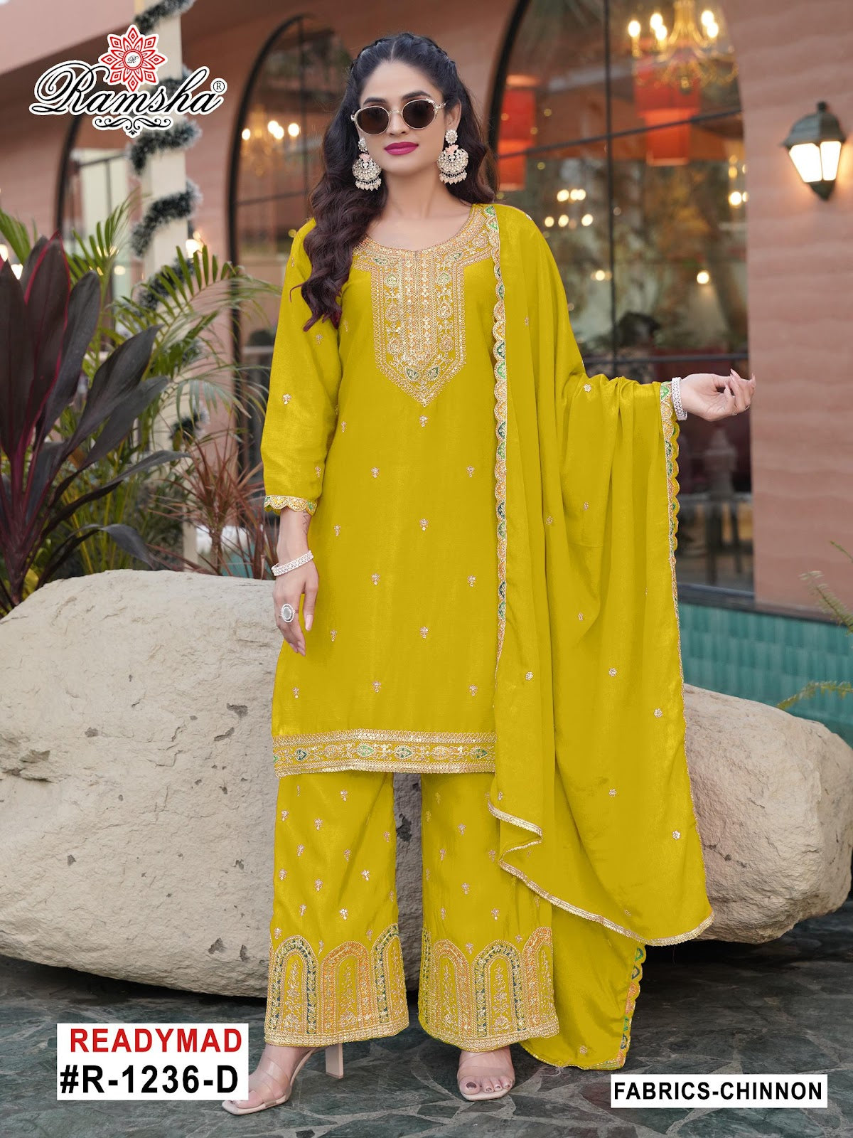 R 1236 Ramsha Chinon Pakistani Readymade Suits Wholesale Price
