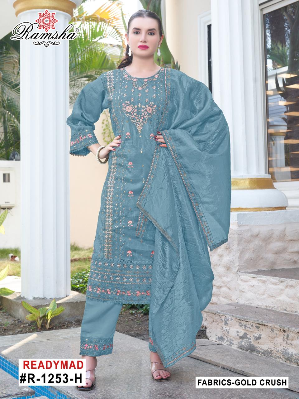 R 1253 Efgh Ramsha Gold Crush Pakistani Readymade Suits Exporter India